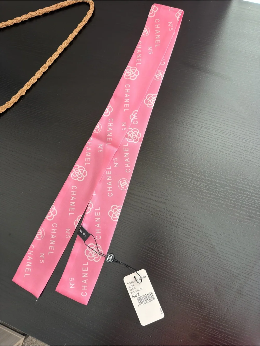 CHANEL Pink Silk Twilly Scarf with Camellia & Logo